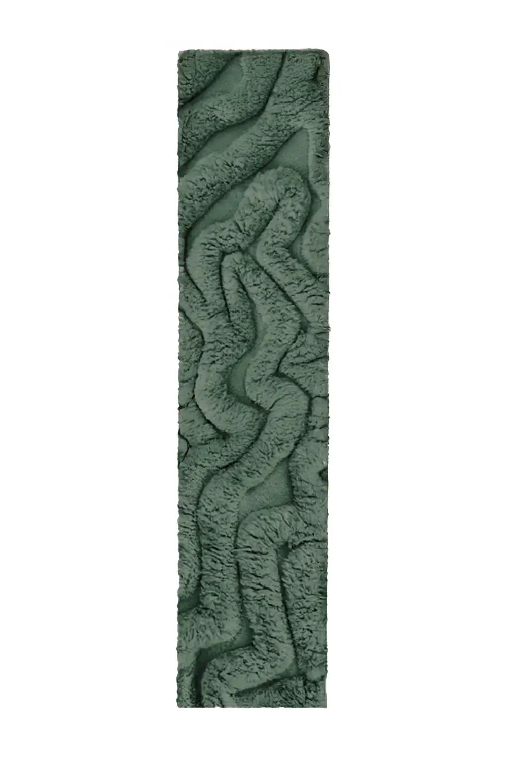 Hand-tufted green runner rug with a sculptural, high-pile design featuring organic, wavy textures for a plush and modern aesthetic.