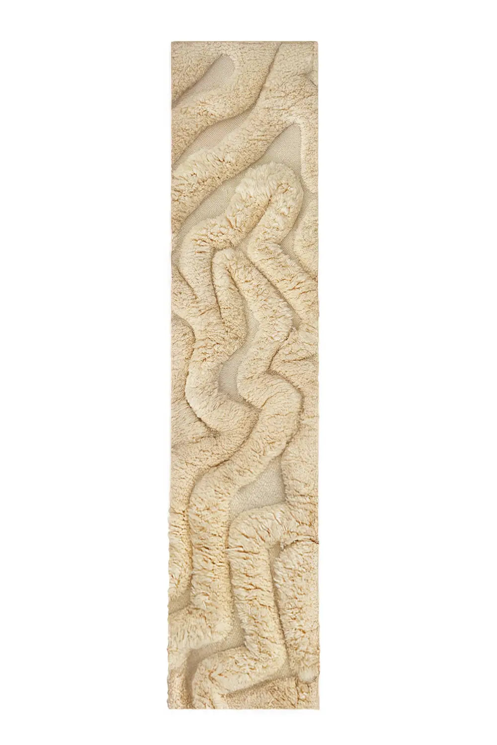 Hand-tufted cream-colored runner rug with a sculptural, high-pile design featuring organic, wavy textures for a plush and modern aesthetic.