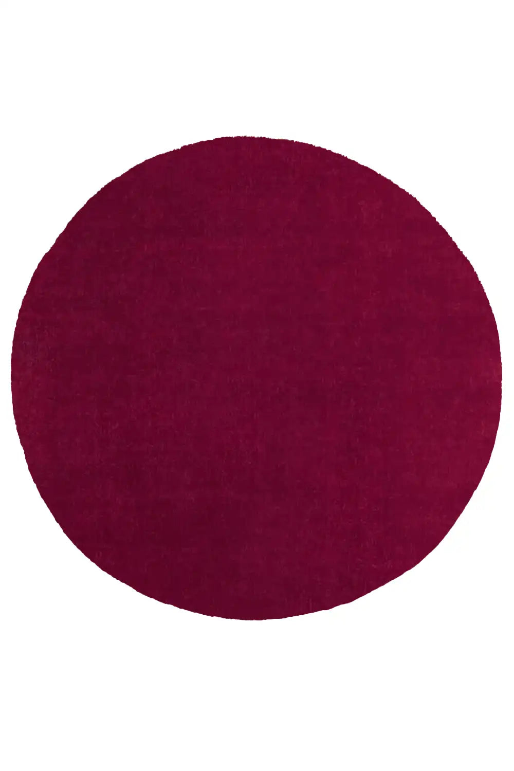 Modern round burgundy rug in wool with smooth surface and deep rich color, ideal for living rooms or bedrooms
