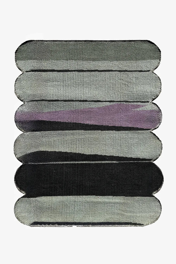 5x8 green and purple flatwoven rug with sculpted rounded edges and abstract curved stripe pattern