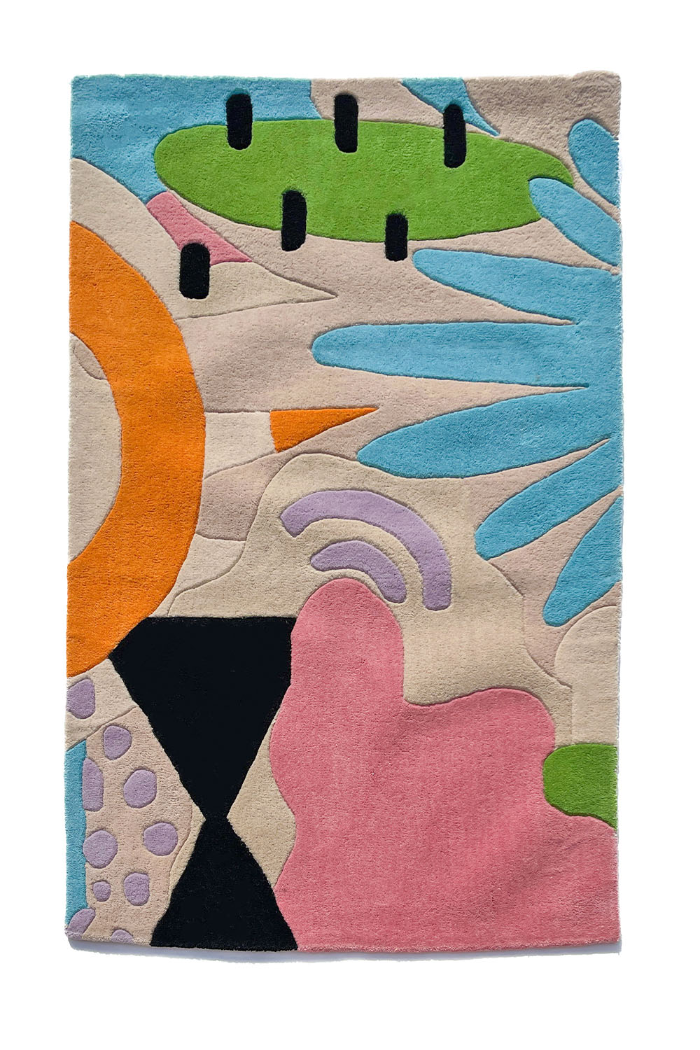 Playful boho rug with tropical leaf and plant-inspired shapes in pastel and bold tones

