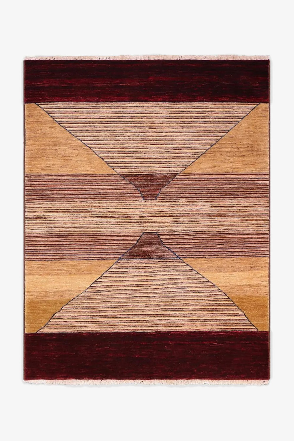 Hand-knotted wool area rug with modern geometric pattern in brown, burgundy, and tan, available in 8x10 and 9x12 sizes