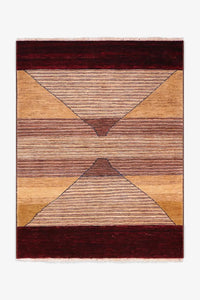 Hand-knotted wool area rug with modern geometric pattern in brown, burgundy, and tan, available in 8x10 and 9x12 sizes