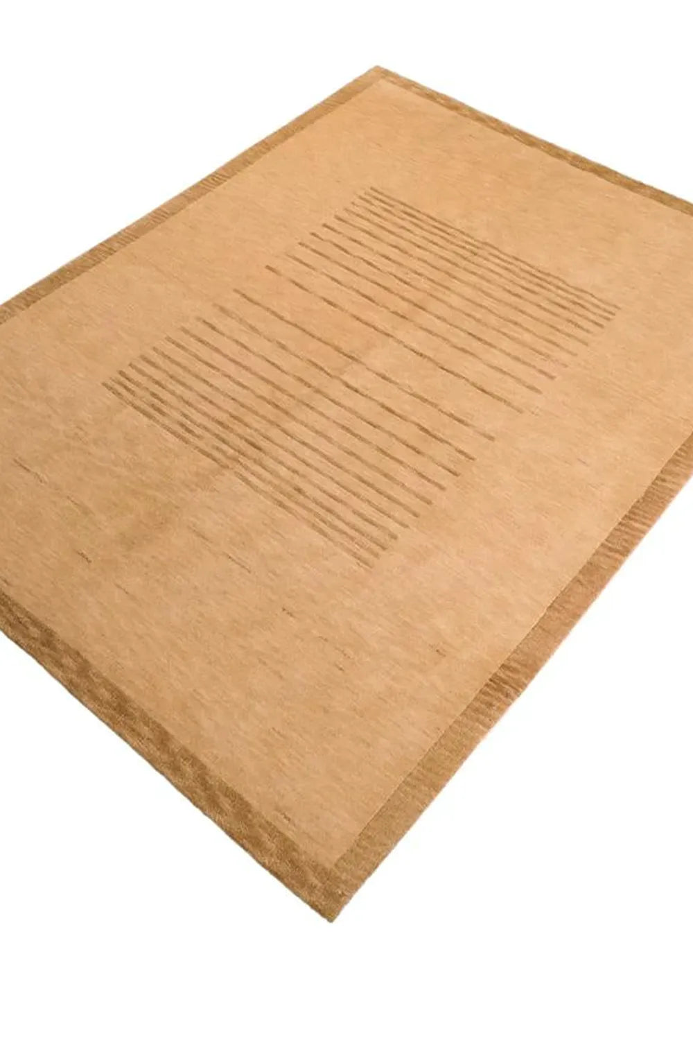 Angled view of minimalist tan wool area rug, shown in 9x12 and 10x14 sizing options, perfect for earthy living rooms and luxury bedrooms