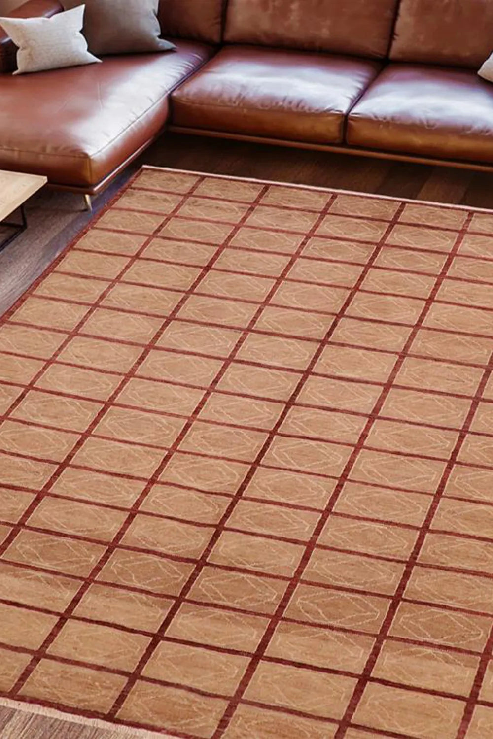 Turkish Wool Rug with Red and Brown Grid, a symbol of artisanal craftsmanship.