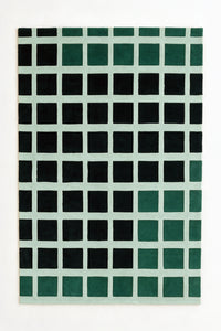 a masonry hand-tufted wool rug in pine, black and mist, shown flat from above
