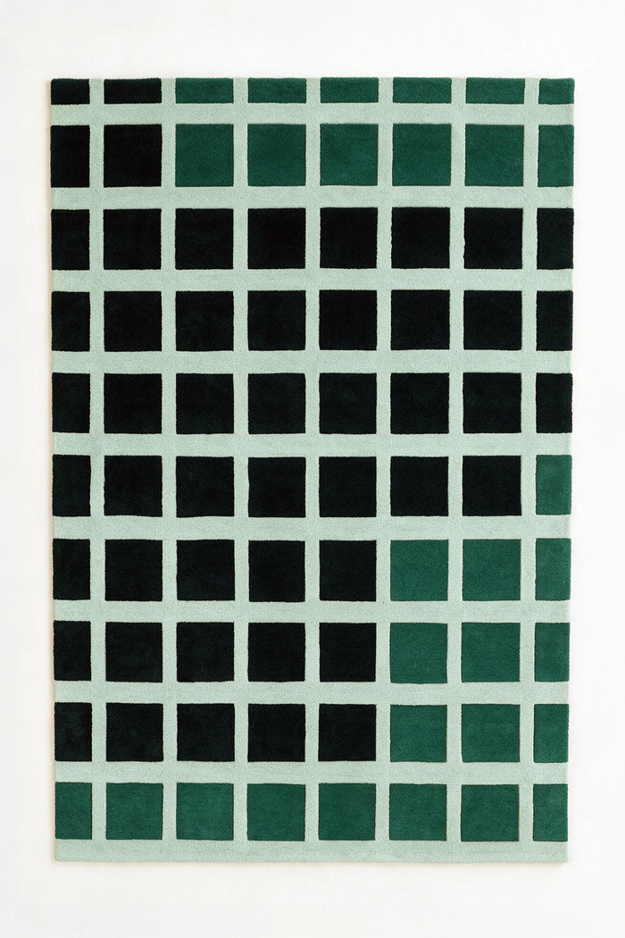 a masonry hand-tufted wool rug in pine, black and mist, shown flat from above