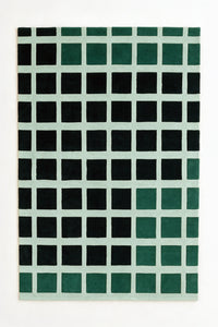 a masonry hand-tufted wool rug in pine, black and mist, shown flat from above