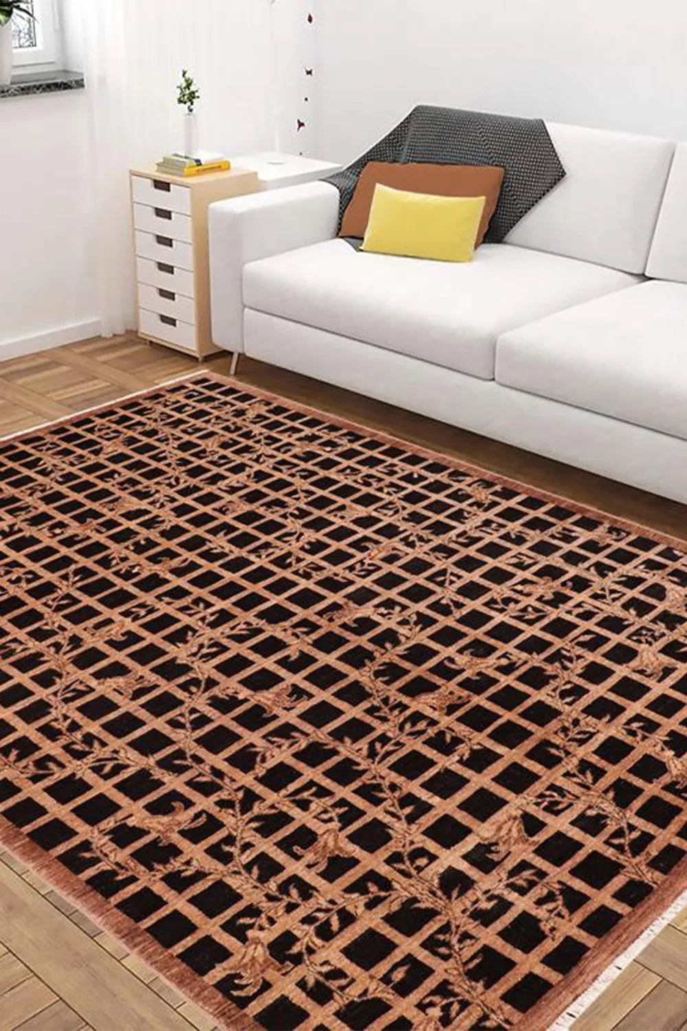 black and gold checkered rug, combining traditional craftsmanship with modern style