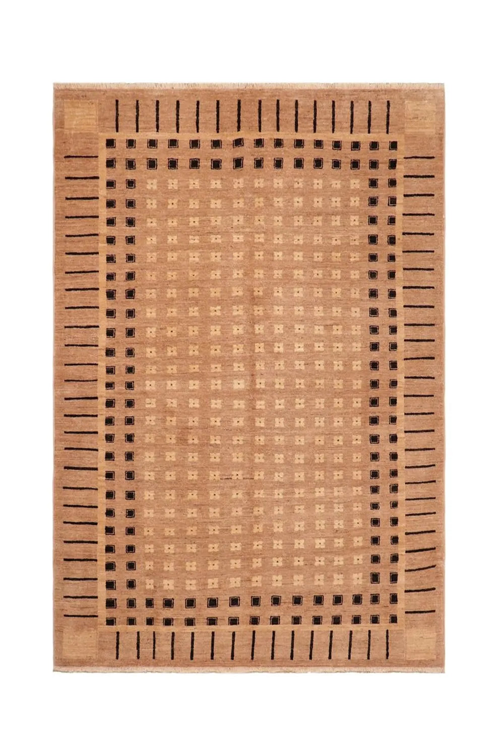 Mid Century Modern Turkish rug with a striking pattern in tan, black, and beige.