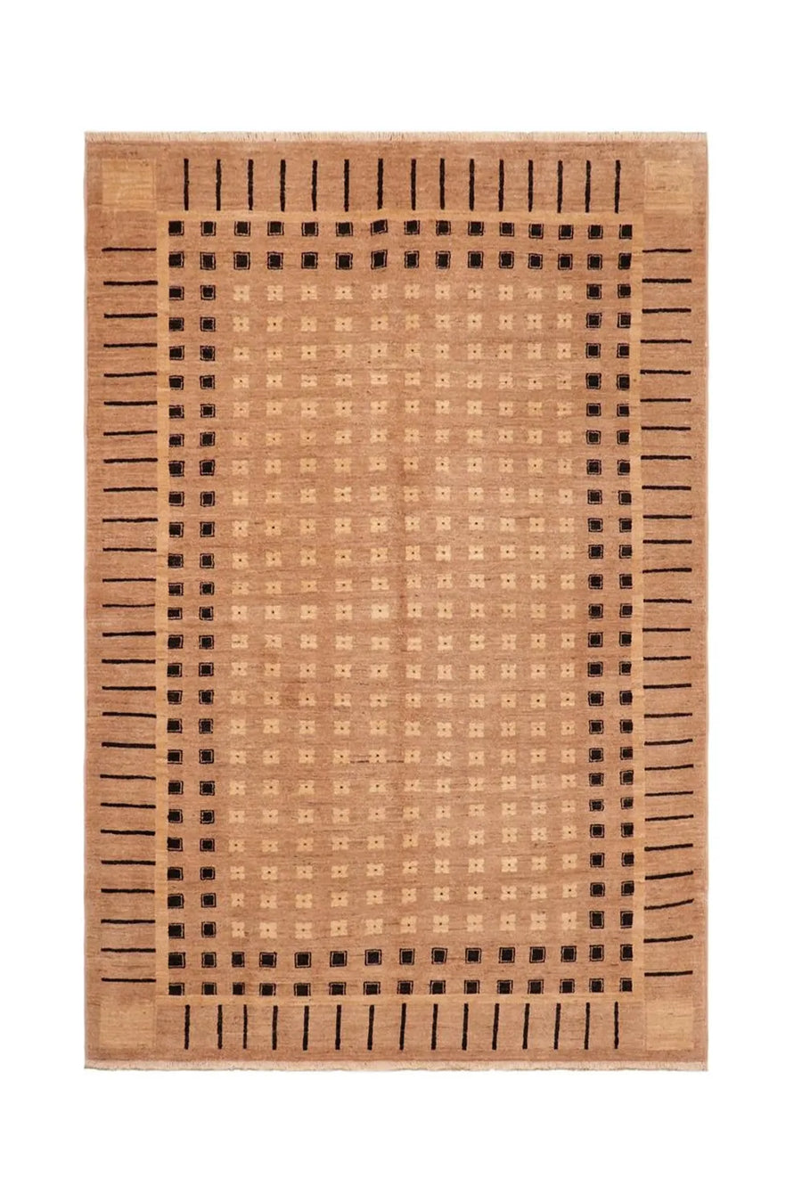 Mid Century Modern Turkish rug with a striking pattern in tan, black, and beige.