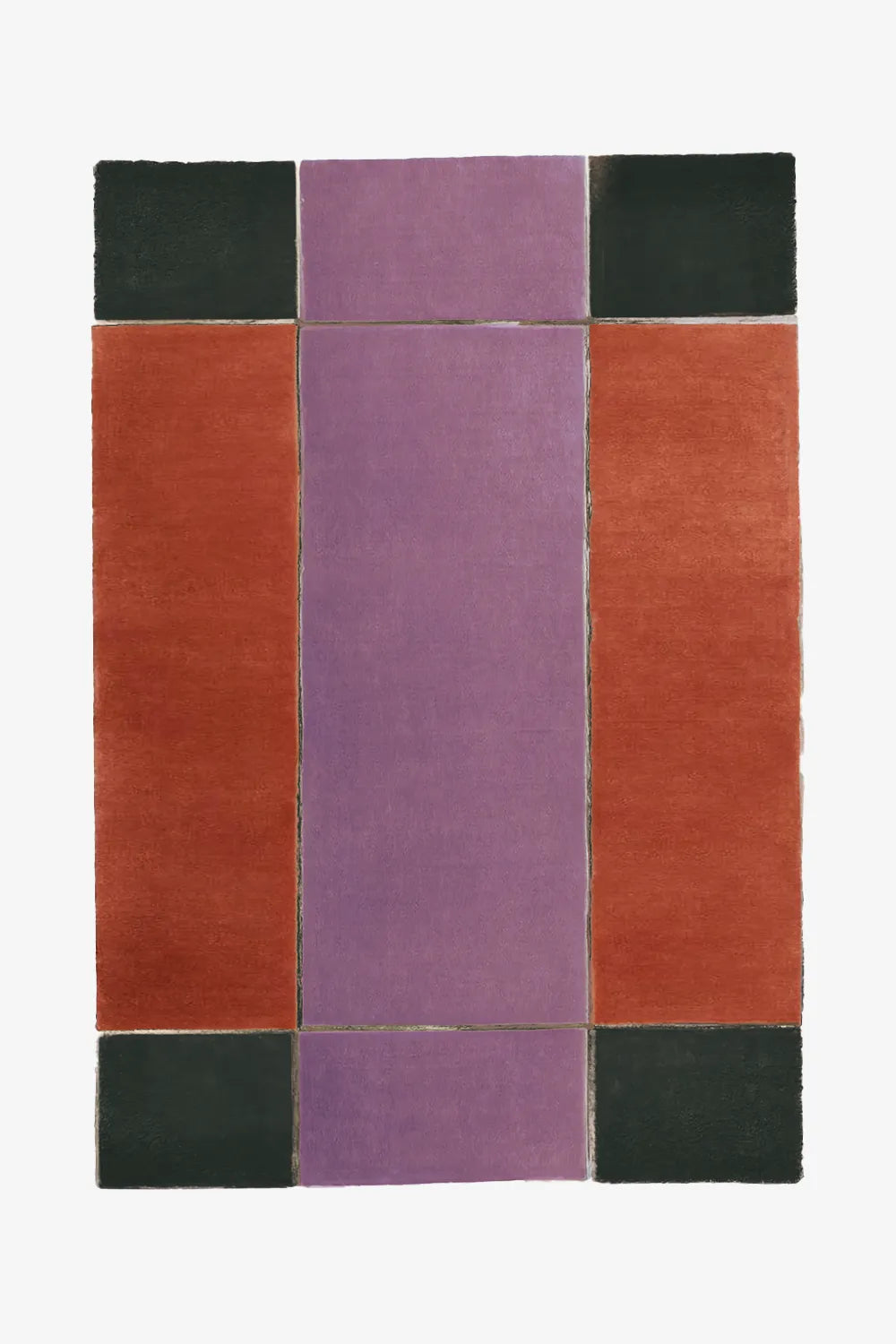 Mid Century Modern Wool Rug with Color Block Grid Pattern in Purple, Burnt Orange, and Deep Green