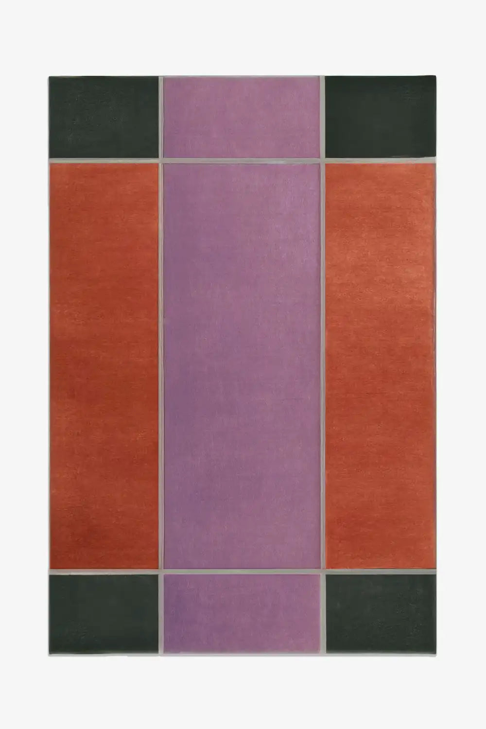 Modern geometric 8x10 area rug with lavender, rust, and forest green color blocks for mid century inspired interiors