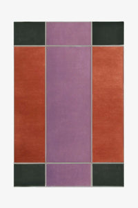Modern geometric 8x10 area rug with lavender, rust, and forest green color blocks for mid century inspired interiors