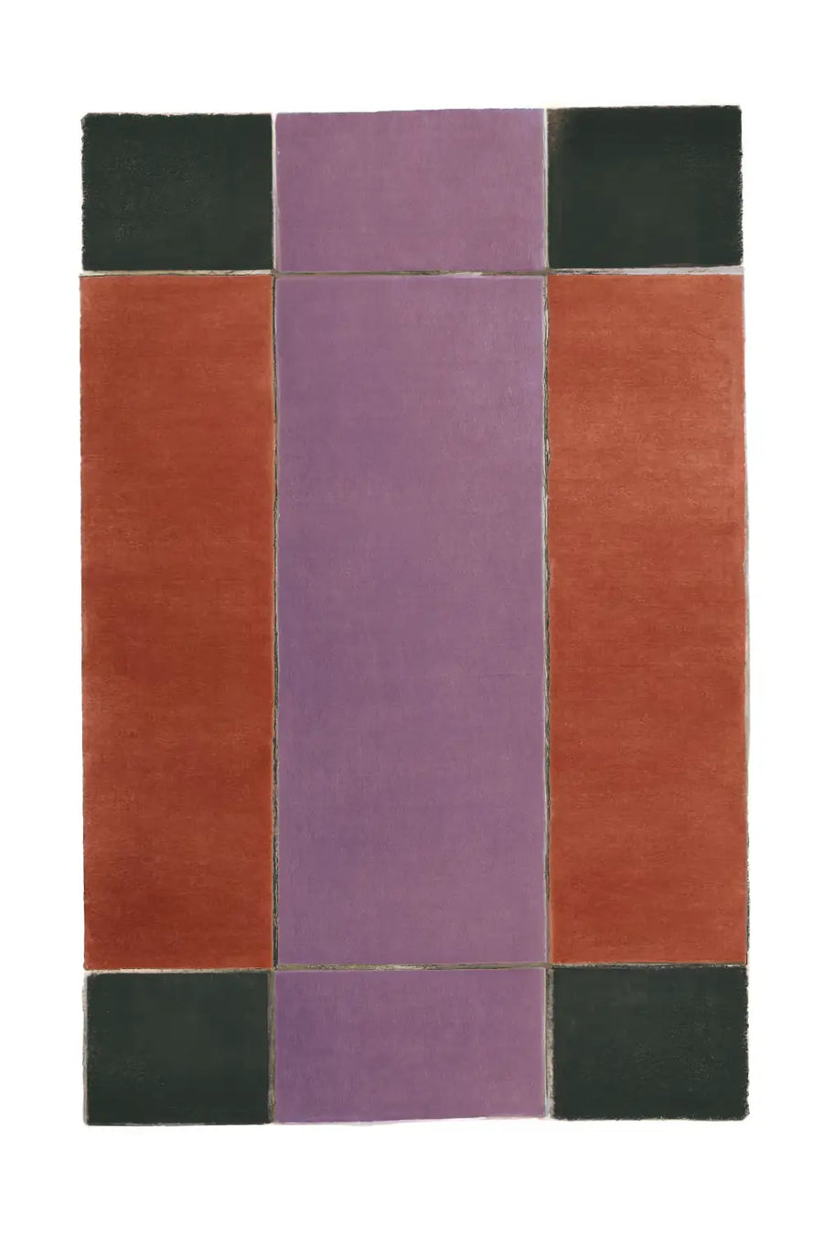 Mid Century Modern Wool Rug with Color Block Grid Pattern in Purple, Burnt Orange, and Deep Green