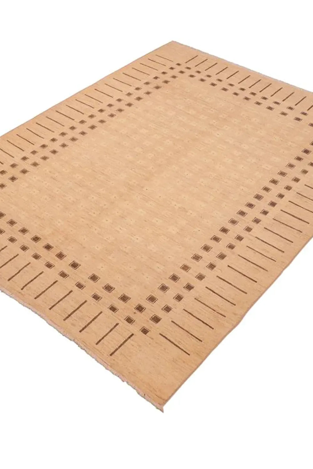 Hand-knotted rug with a neutral geometric pattern, perfect for a tranquil space.