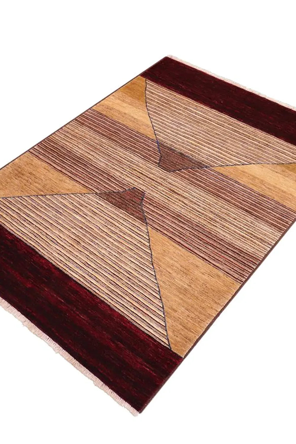 5x7 geometric vintage inspired hand knotted wool area rug in burgundy and neutral pattern