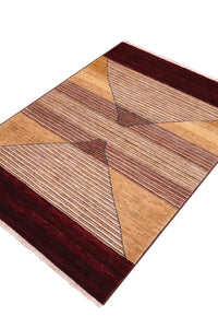 5x7 geometric vintage inspired hand knotted wool area rug in burgundy and neutral pattern