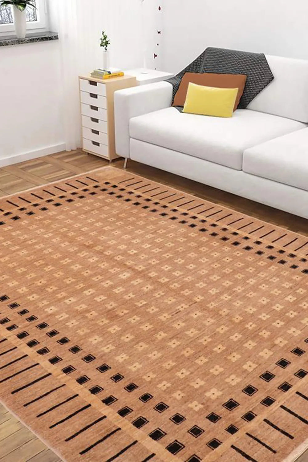 Brown, black, and beige checkered rug, blending mid-century charm with modernity.