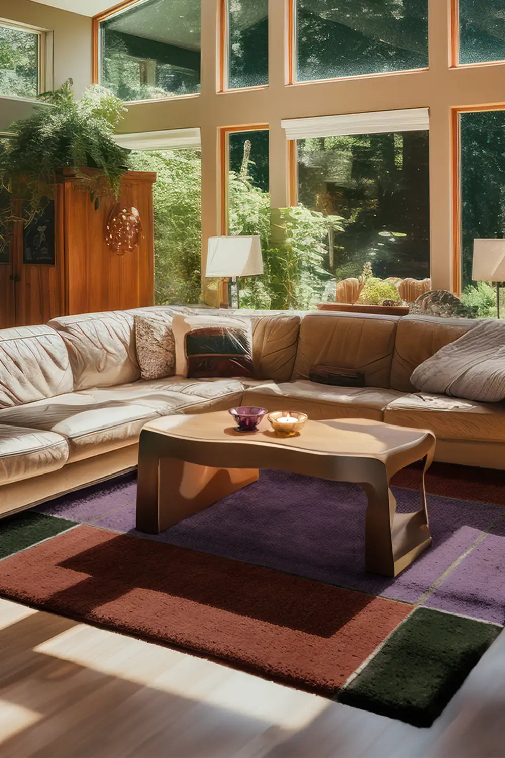 8x10 modern colorblock wool rug styled under mid century tan sectional in sunlit living room with lavender, rust, and green accents