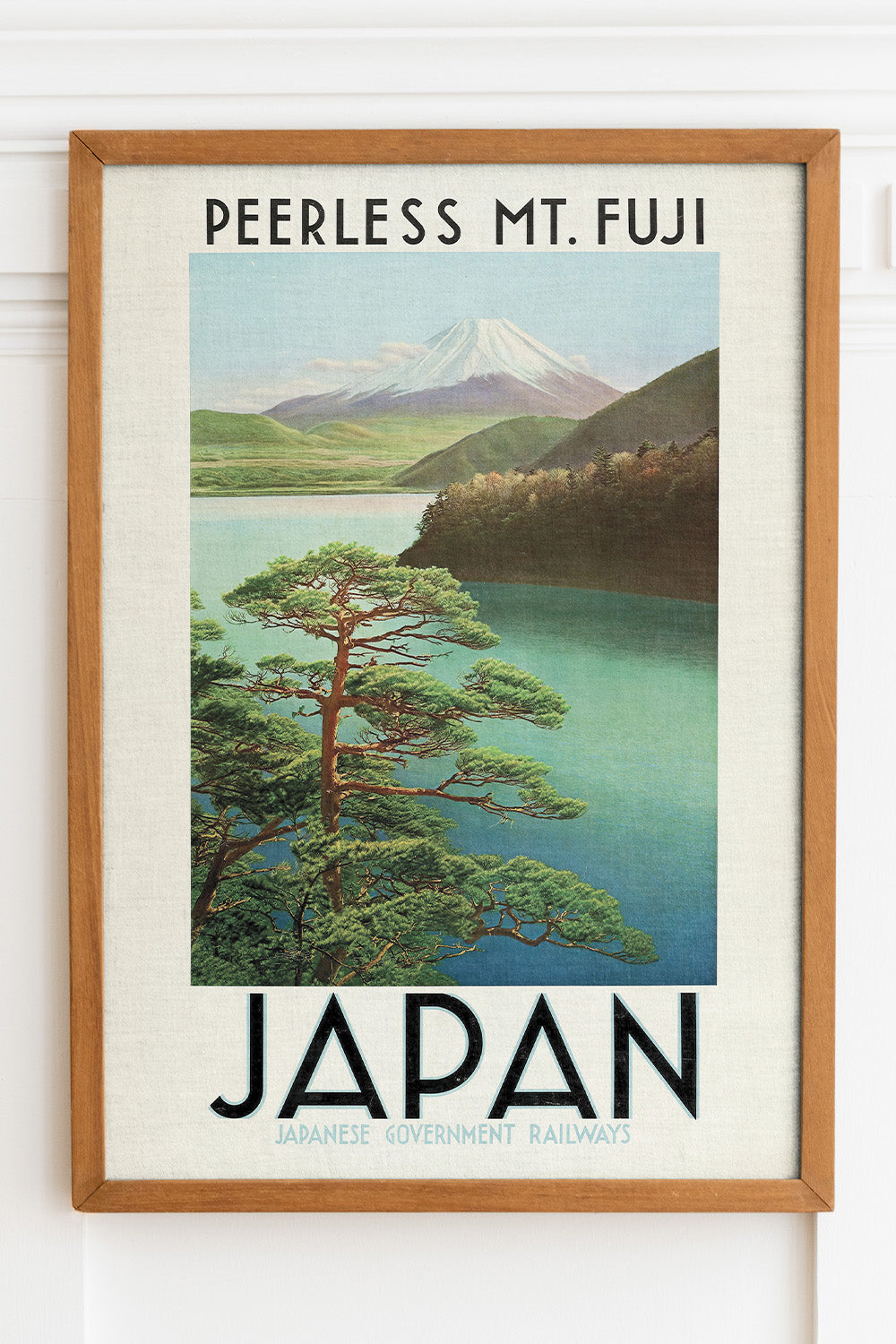 24x36 vintage Japan travel advertisement art print, featuring the majestic Mount Fuji and serene water scene.