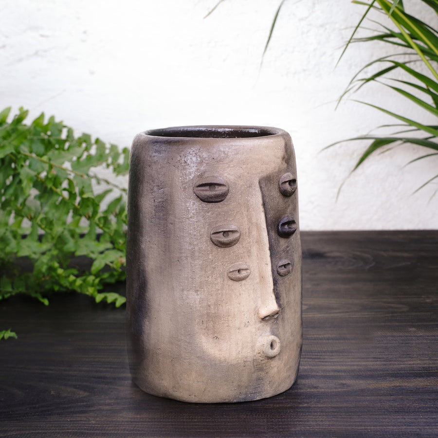 One-of-a-Kind Mexican Clay Tall Vase by Taller Peguero García, in Brassy Dark Grey Marble