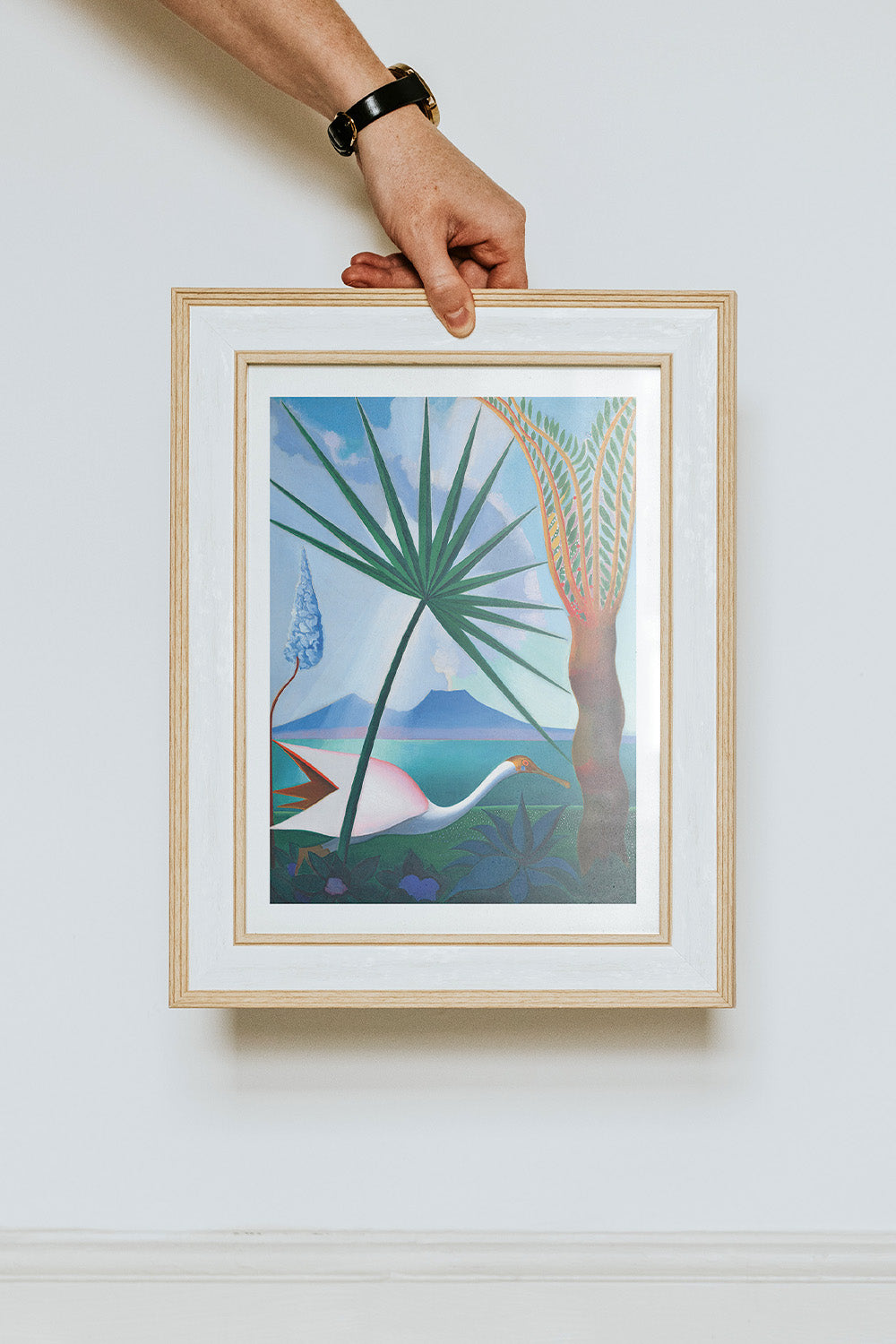 Joseph Stella's Neapolitan Song art print with bold blue backdrop, green palmetto leaf, and bird.