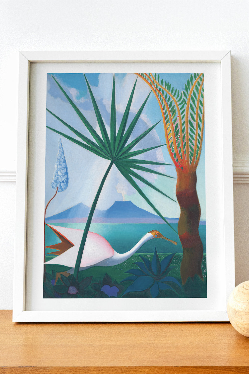 Joseph Stella's Neapolitan Song art print with bold blue backdrop, green palmetto leaf, and bird.