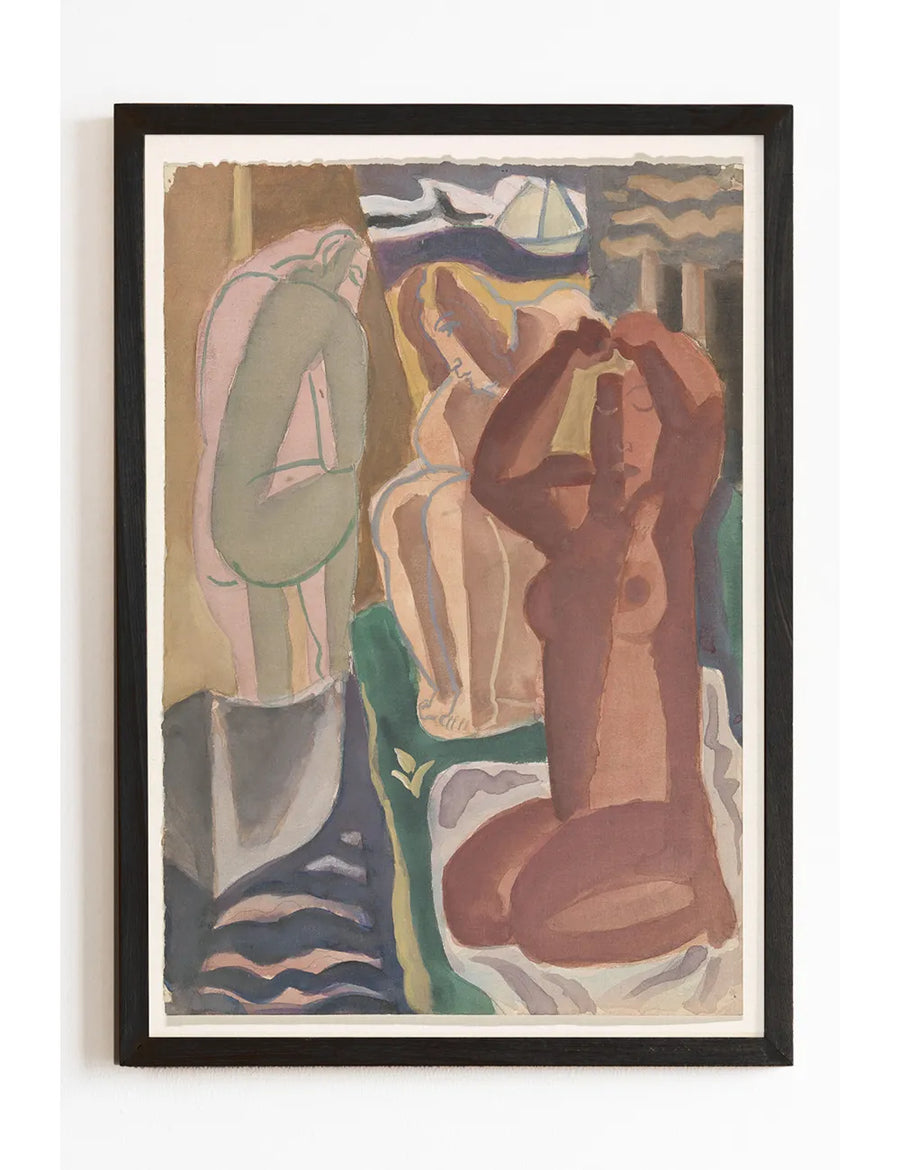 Vintage abstract painting print by Leo Gestel featuring Two Bathing Women with earthy tones and geometric forms.

