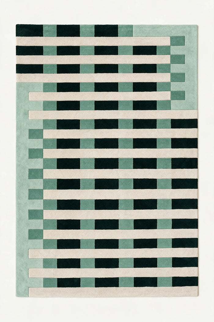 a orchard hand-tufted wool rug in forest, sage, mist and oat, shown flat from above