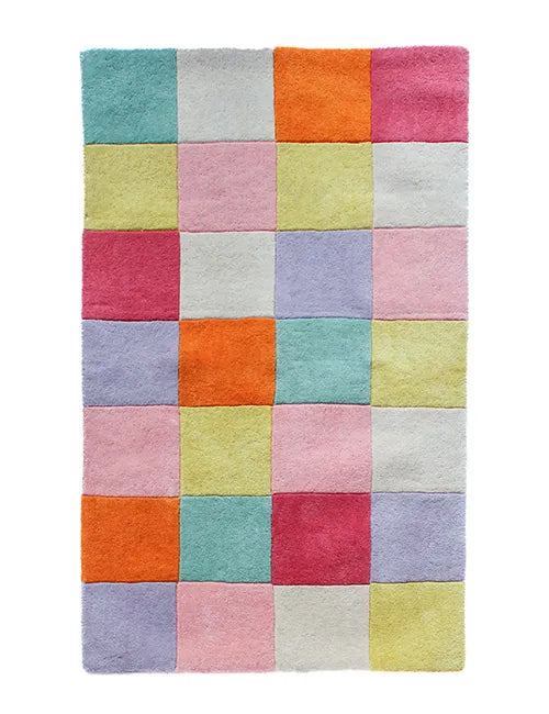 Bright rainbow checkerboard wool rug, colorful kids room rug