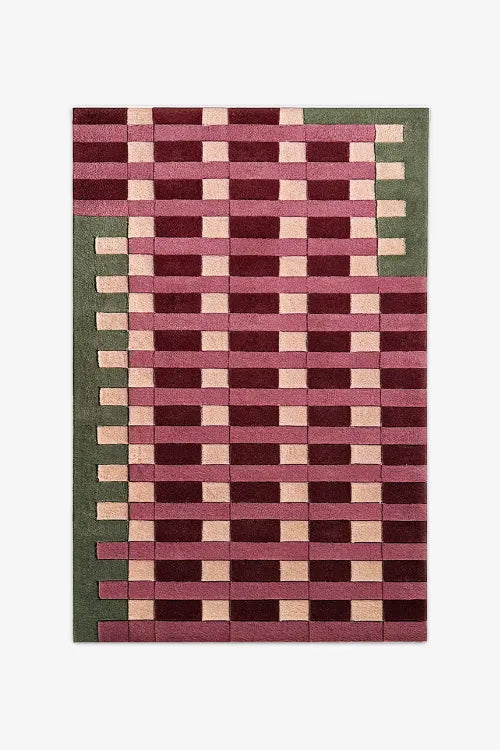 plaid rug with green and red pattern