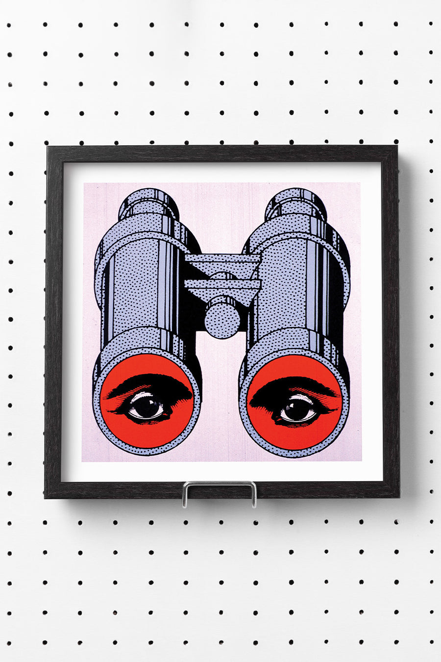 Square pop art of binoculars with illustrated eyes on a purple background.