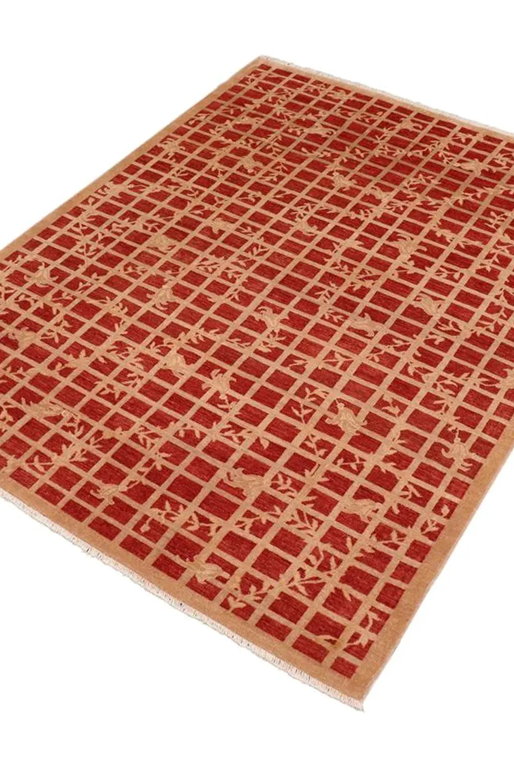 Red and brown grid pattern wool carpet, handcrafted for timeless elegance.