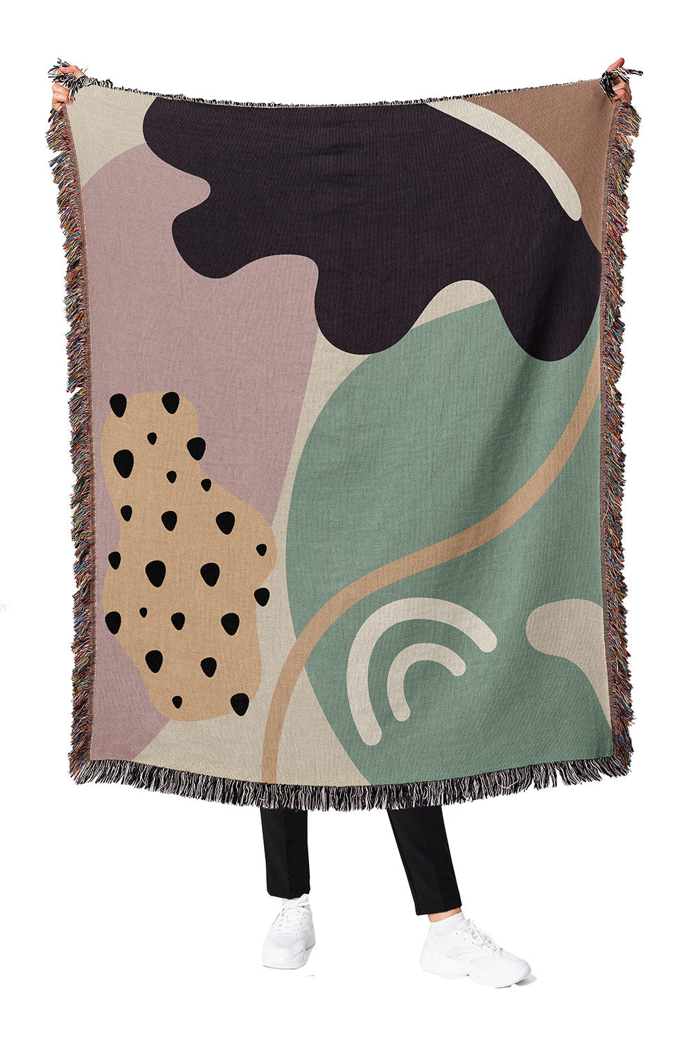 Retro-Futuristic Cotton Woven Throw Blanket in dusty pink, sage green, and cream with fringe edges.