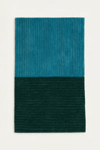 a 2 by 3 foot sample of a ridge duo hand-tufted wool rug in teal and forest