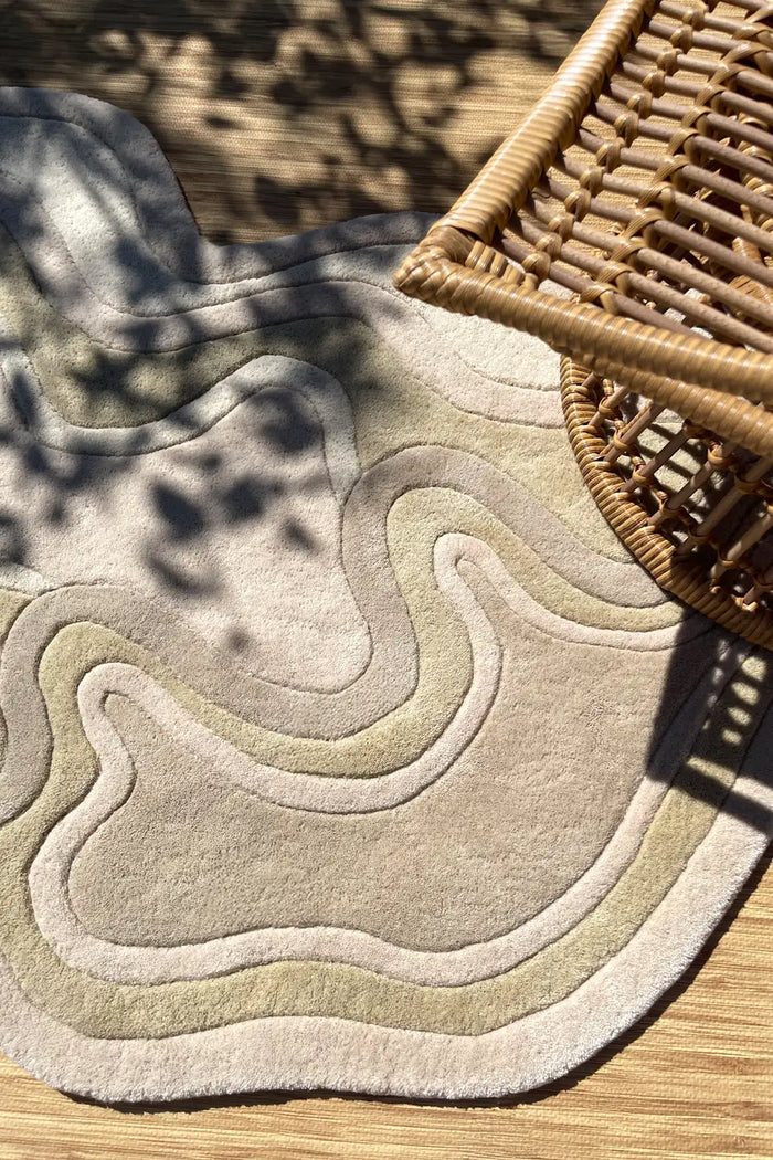 Custom Handmade Rolling Tides Organic Shaped Wool Rug lifestyle tan