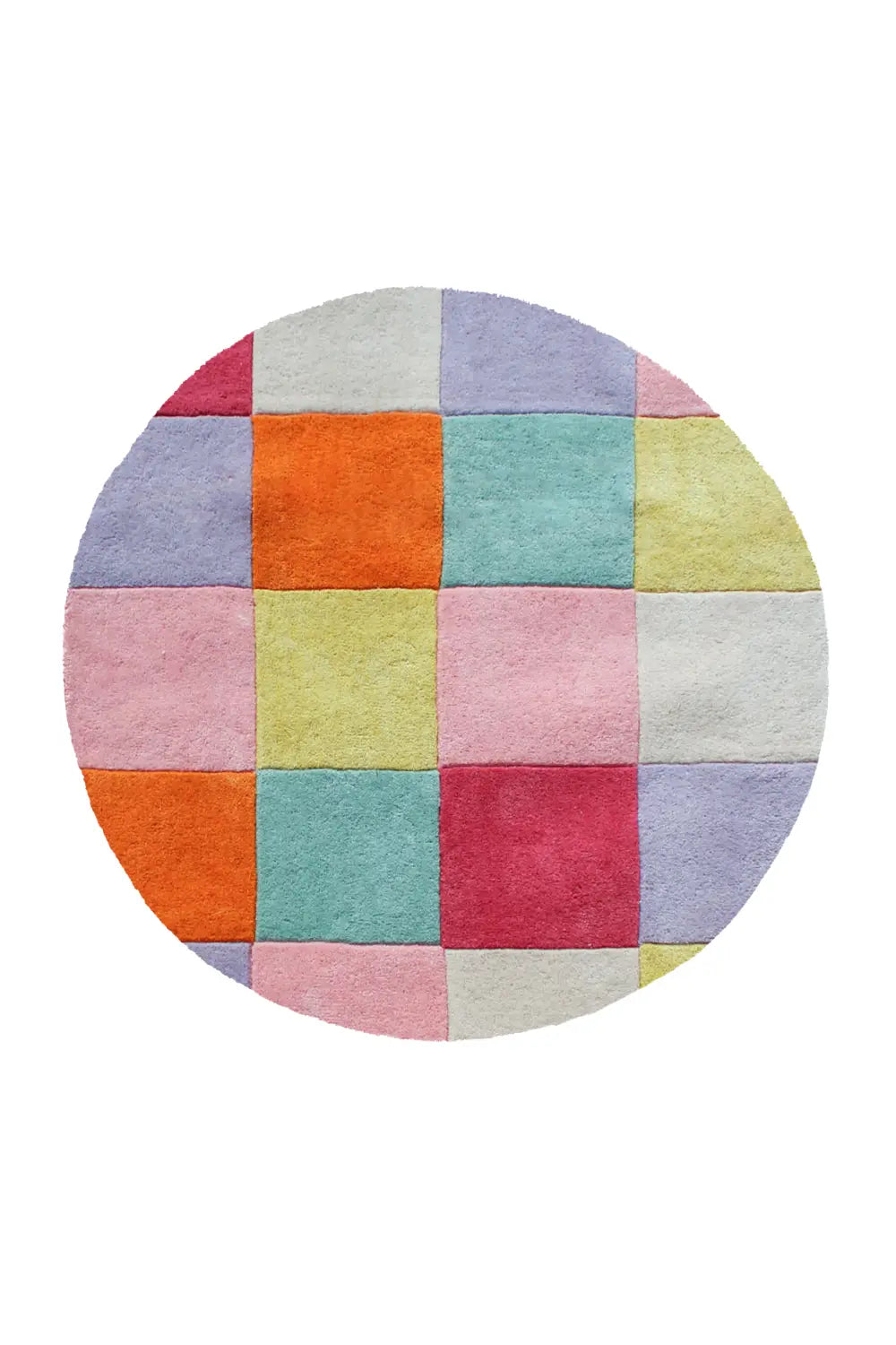 Colorful round checkered wool rug in pink, blue, yellow, and orange.