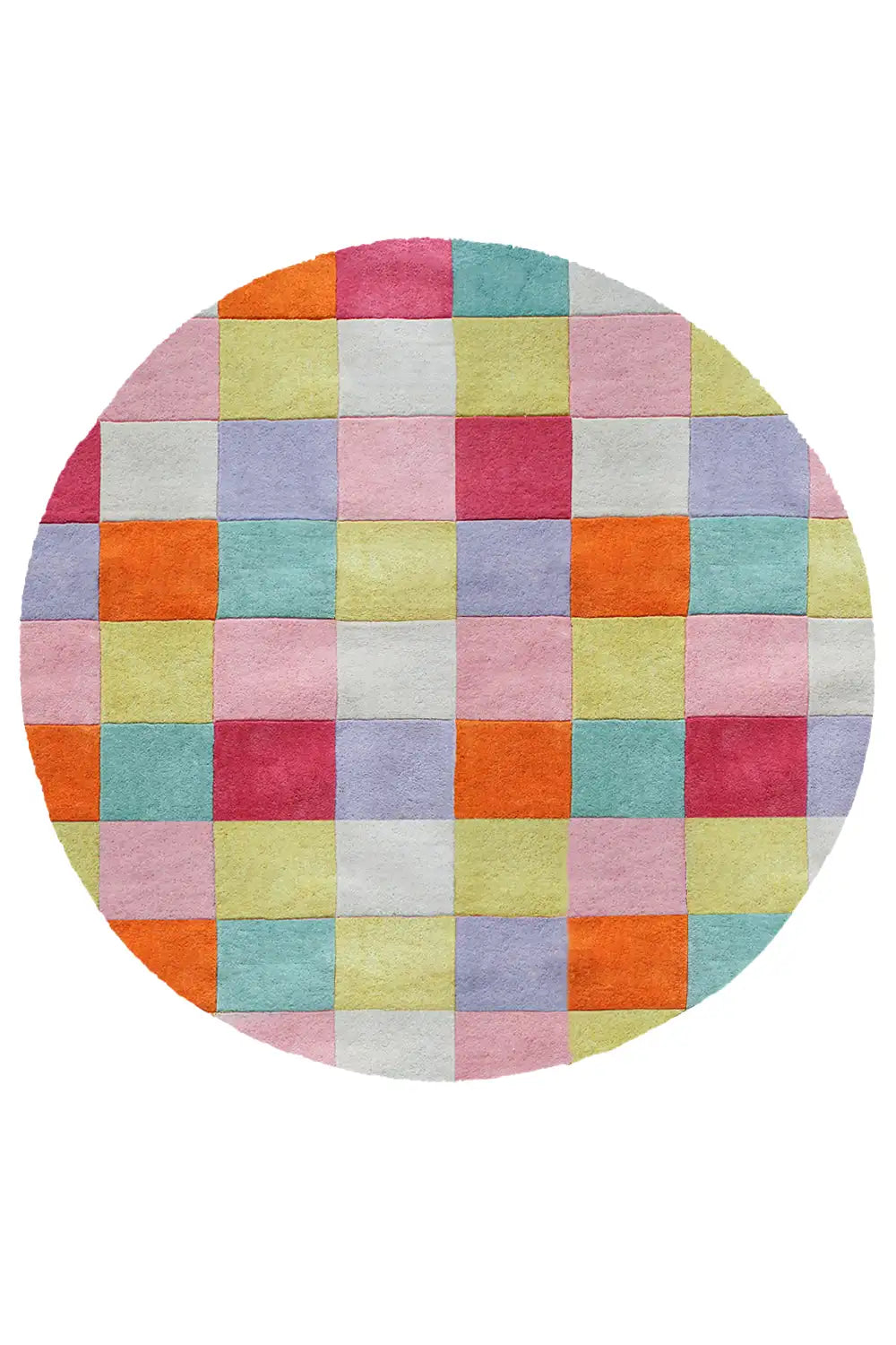 Playful round colorful checkered rug with pastel and bright squares, available in 6ft and 8ft sizes