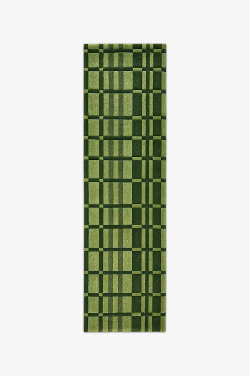 green geometric wool runner rug