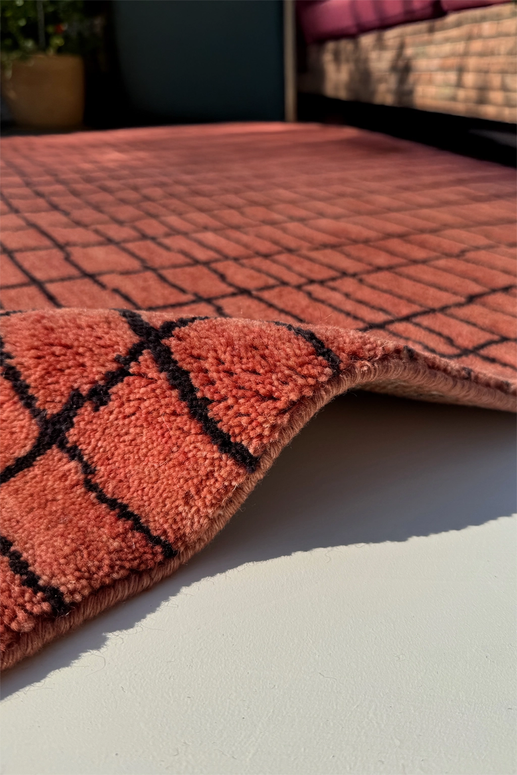 Close-up of a textured rust red rug with black lines on a light surface.