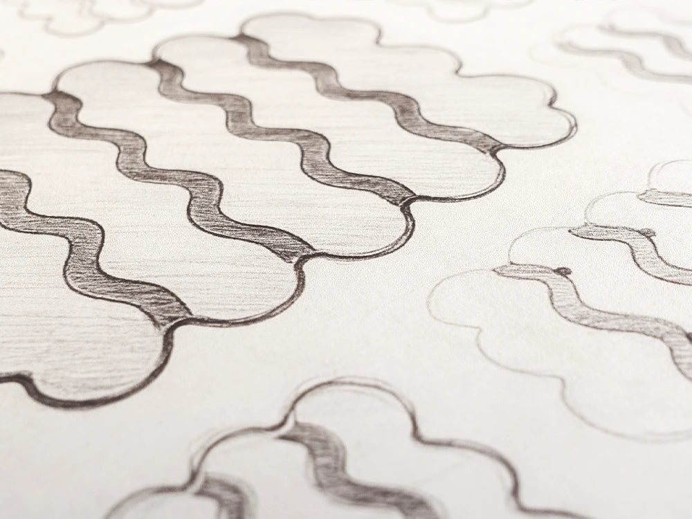 Pencil design sketches for the Sculpted Edge hand-tufted wool rug, showing rows of rounded, cloud-like bumps stacked one above the next and parted by wavy carved bands.