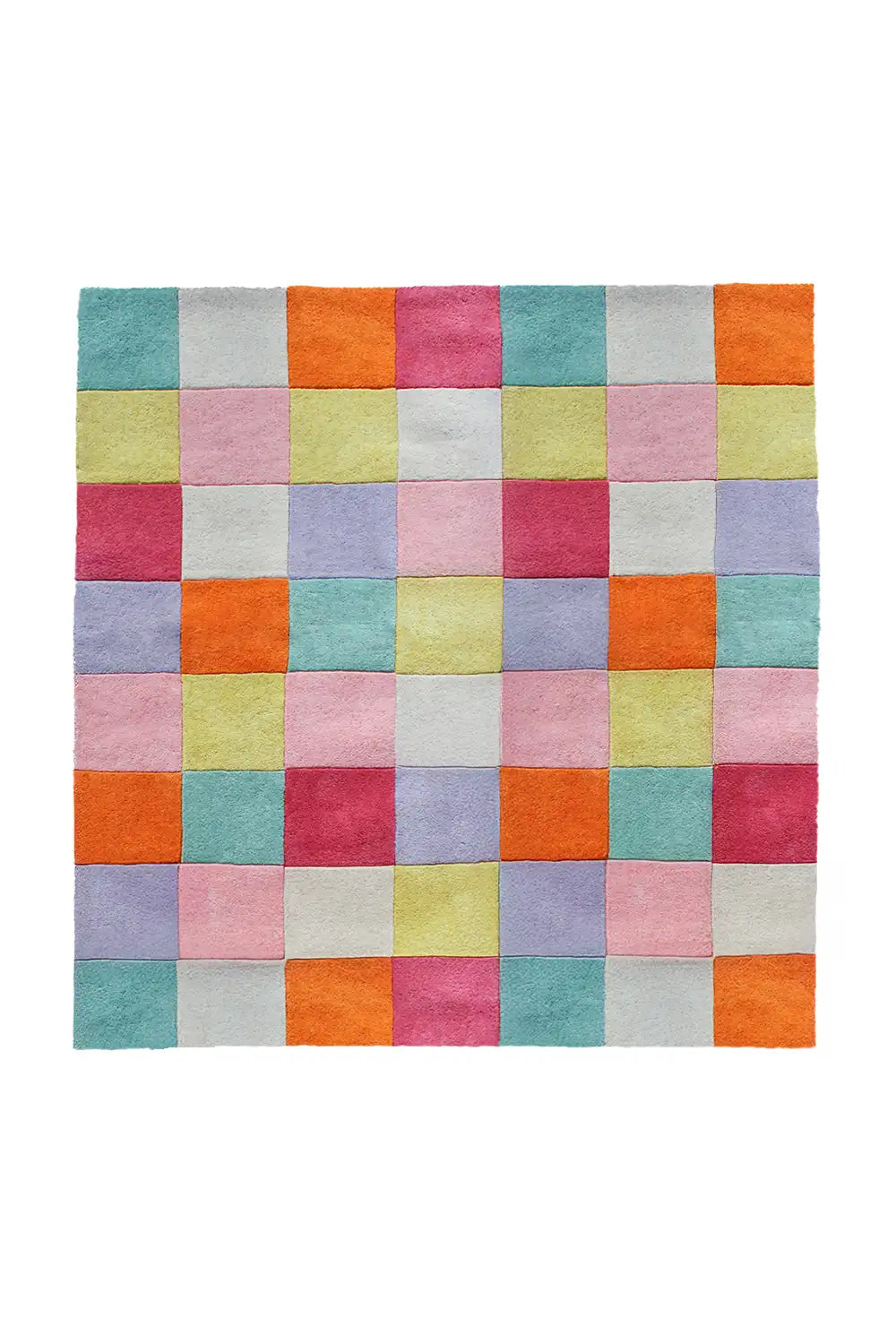 Small colorful pastel grid rug styled for cozy modern rooms, ideal 4x4 or 3x3 rug option