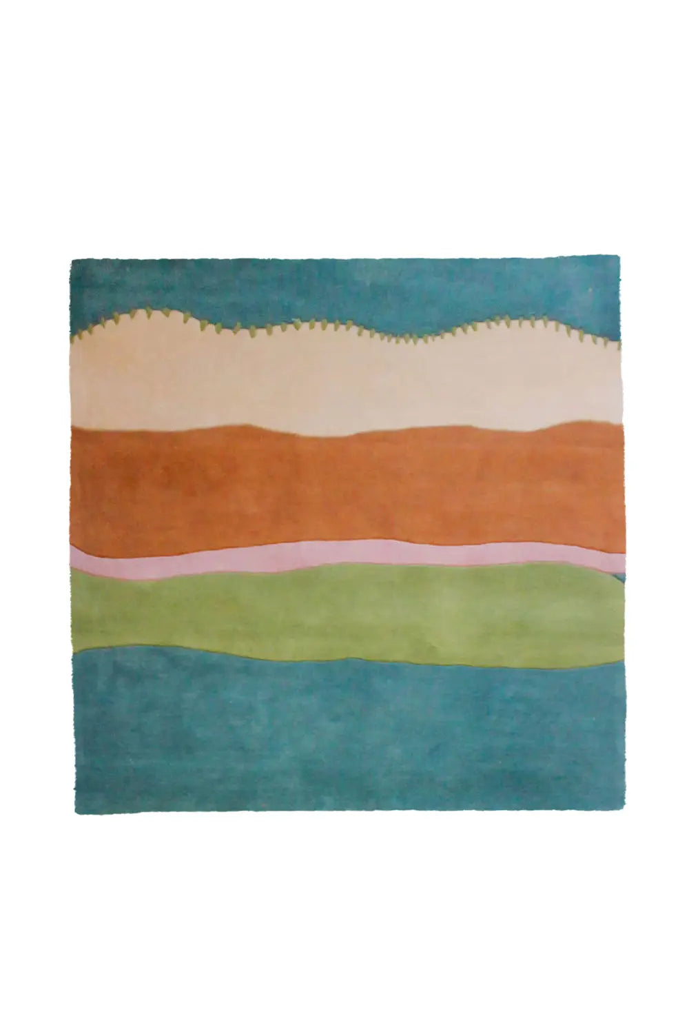 Stitched and Striped Square Hand Tufted Wool Rug teal orange pink green