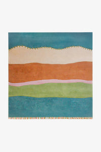 10x10 square wool rug with multicolor striped pattern in teal green tan orange and pink