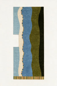 a stitched & striped hand-tufted wool rug in dark olive, army, denim, mustard, terracotta, sage and fog with a custom cutout, shown flat from above