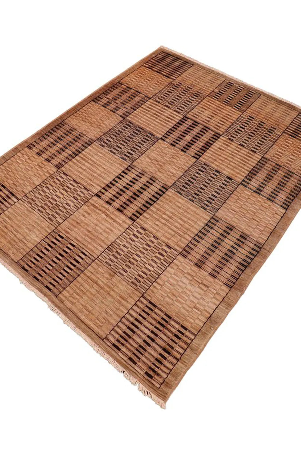 Square pattern hand-knotted rug in shades of brown and tan.