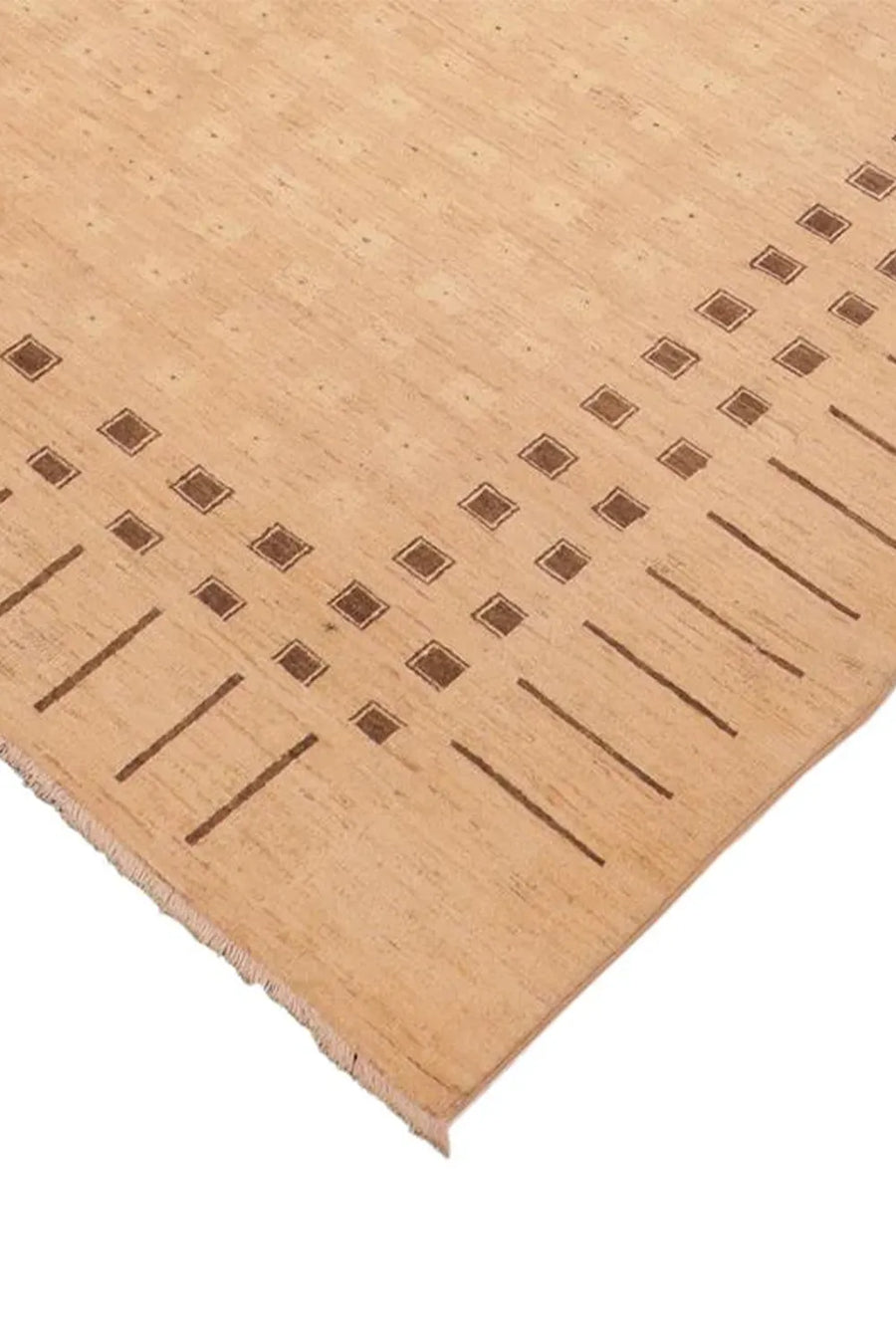 Tan modern rug with minimalist styling, hand-knotted for elegance and comfort.