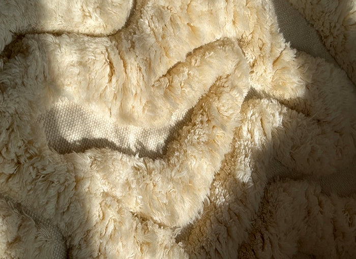 Close-up of a textured beige shag rug surface