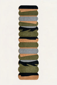 a temple steps hand-tufted wool runner in black, pewter, ochre and army, shown flat from above